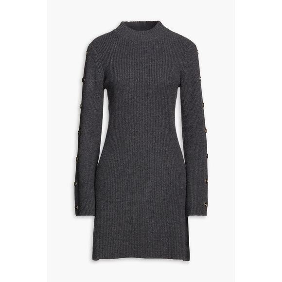 Sandro Paris Embellished Ribbed Wool & Cashmere Long Sleeve Gray Mini Dress US 2 - Picture 2 of 11